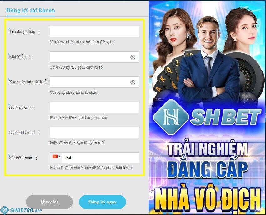 Đăng ký SHBET ⚡️ Làm sao để tạo tài khoản Shbet dễ nhất 21 Người chơi điền thông tin đăng ký tài khoản